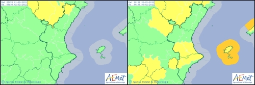 Mapas de Avisos Aemet para ésta tarde (18h) y mañana (00h)